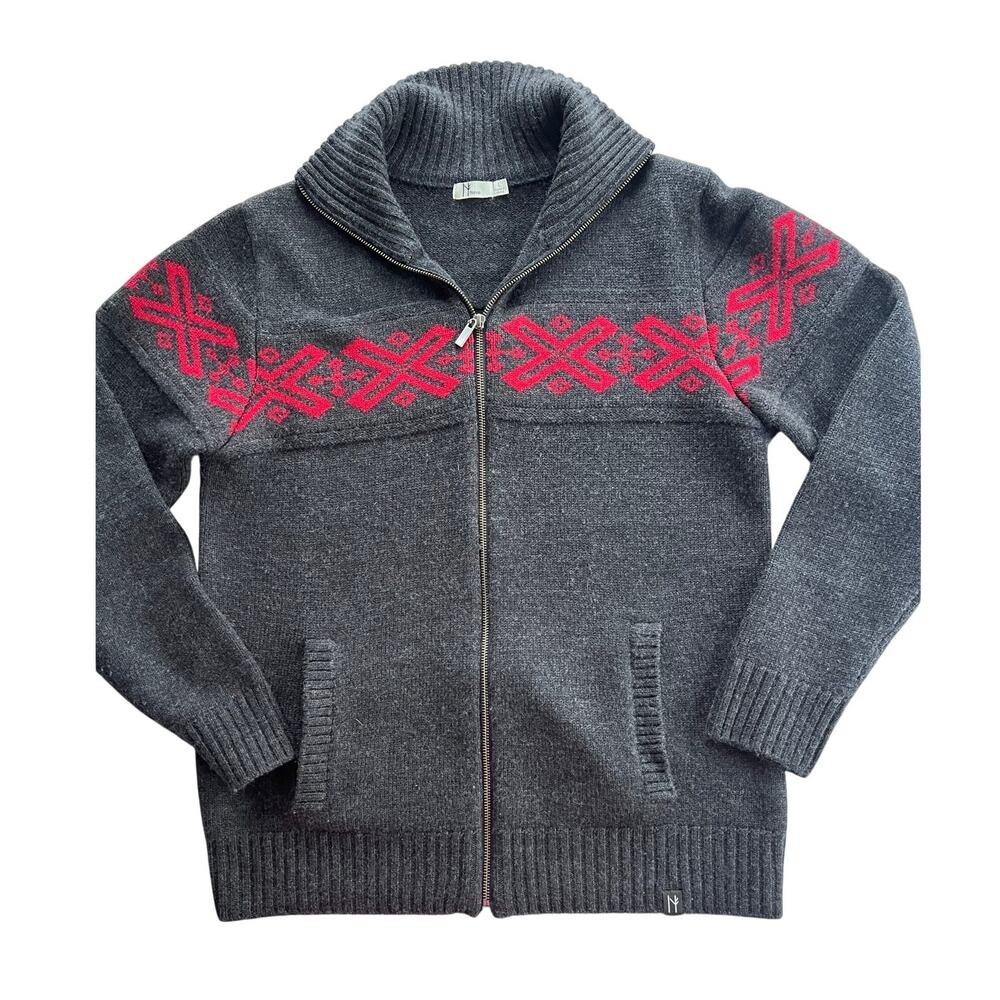 Néve Designs Men’s Large 100% Wool Nordic Full Zip Ski Sweater Gray Red